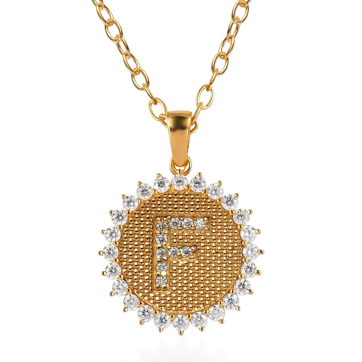 Moissanite initial F Sun Medallion Coin Pendant Necklace 20 Inches in Vermeil Yellow Gold Over Sterling Silver 1.35 ctw image number 0