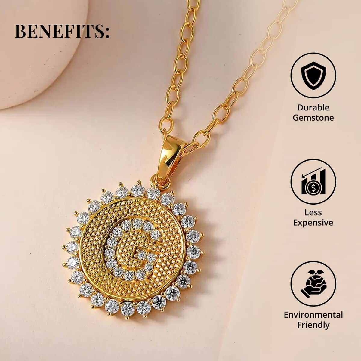 Moissanite Initial G Sun Medallion Coin Pendant with Cable Chain 20 Inches in Vermeil Yellow Gold Over Sterling Silver 1.40 ctw image number 3