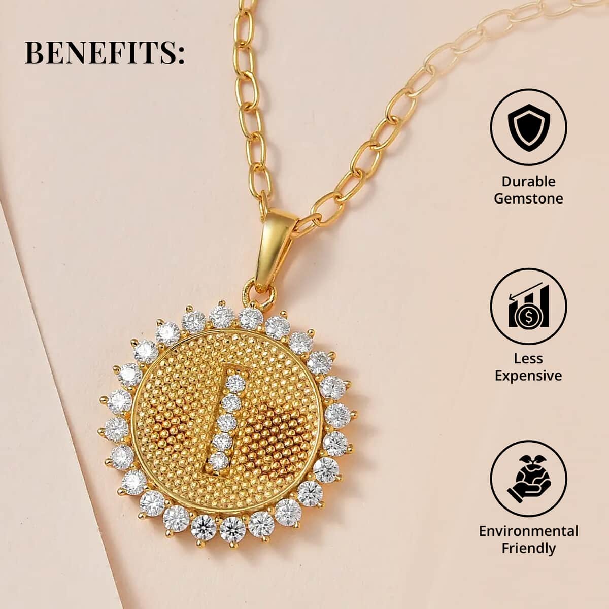 Moissanite Initial I Sun Medallion Coin Pendant Necklace 20 Inches in Vermeil Yellow Gold Over Sterling Silver 1.30 ctw image number 3