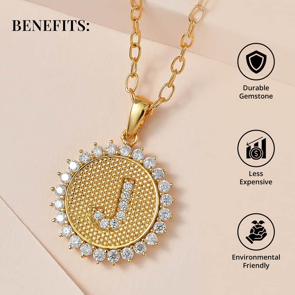 Moissanite Initial J Sun Medallion Coin Pendant Necklace 20 Inches Vermeil Yellow Gold Over Sterling Silver 1.35 ctw image number 3