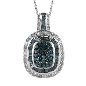 Blue and White Diamond Cocktail Pendant Necklace 20 Inches in Platinum Over Sterling Silver 1.50 ctw