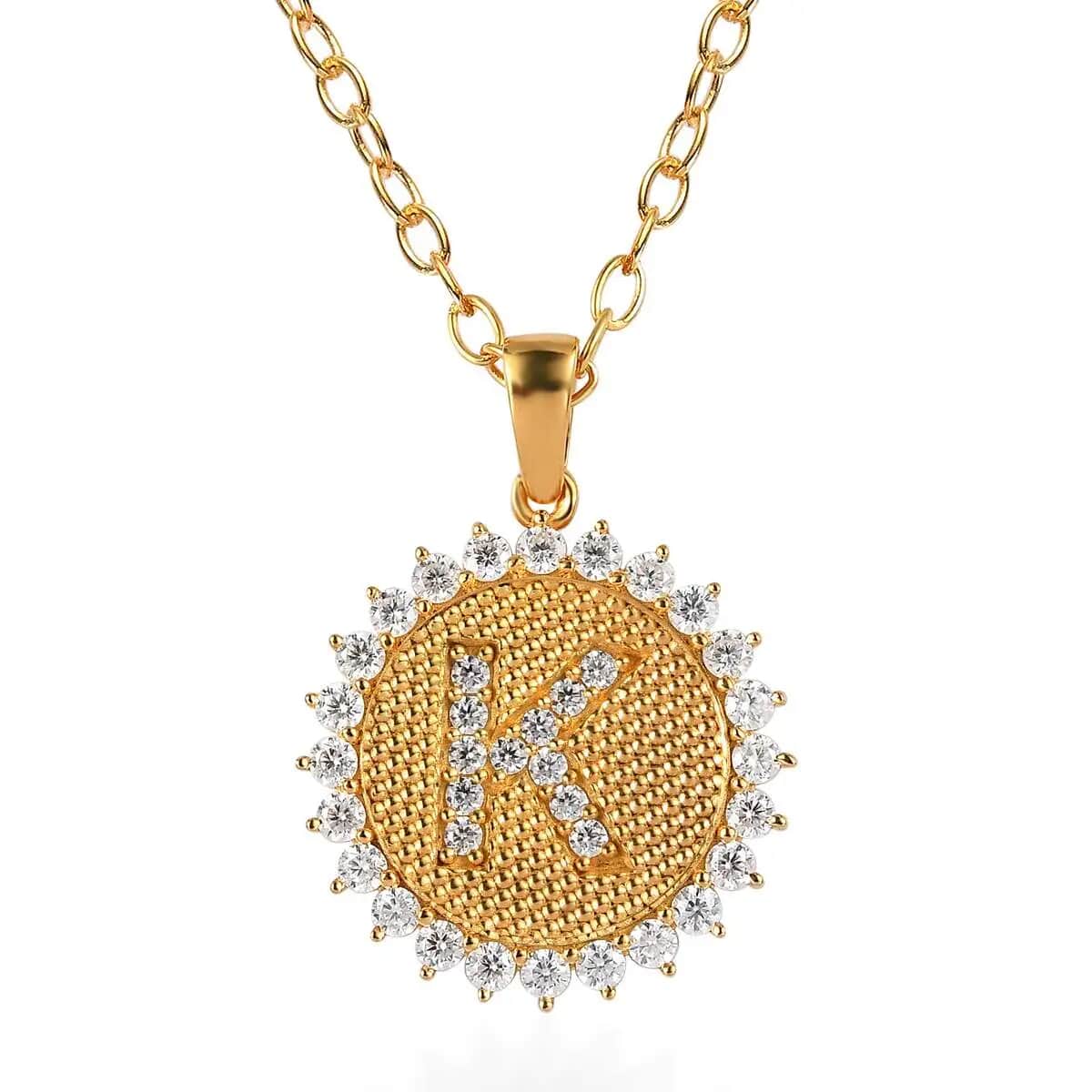 Moissanite Initial K Sun Medallion Coin Pendant with Cable Chain 20 Inches in Vermeil Yellow Gold Over Sterling Silver 1.40 ctw image number 0