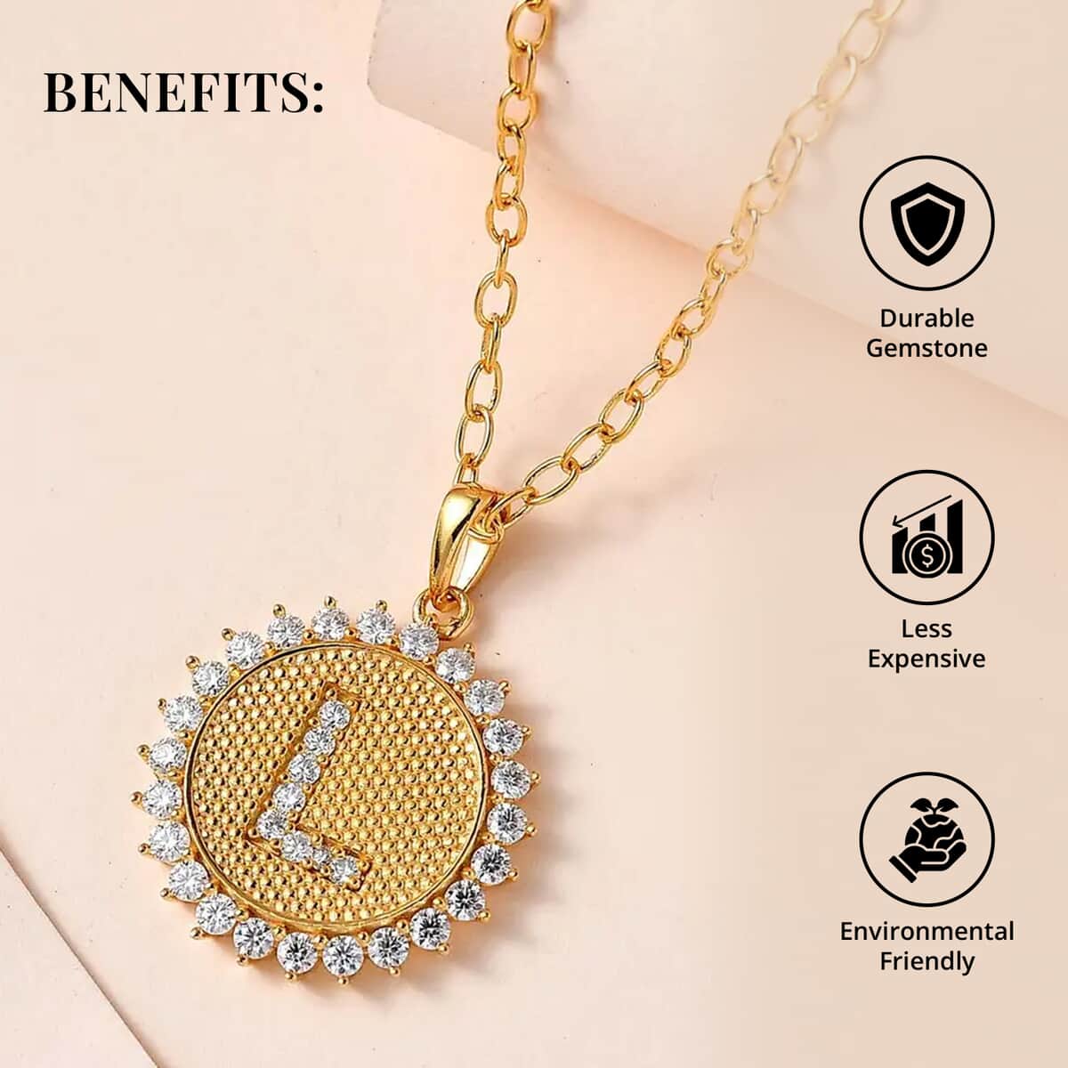 Moissanite Initial L Sun Medallion Coin Pendant with Cable Chain 20 Inches in Vermeil Yellow Gold Over Sterling Silver 1.35 ctw image number 3