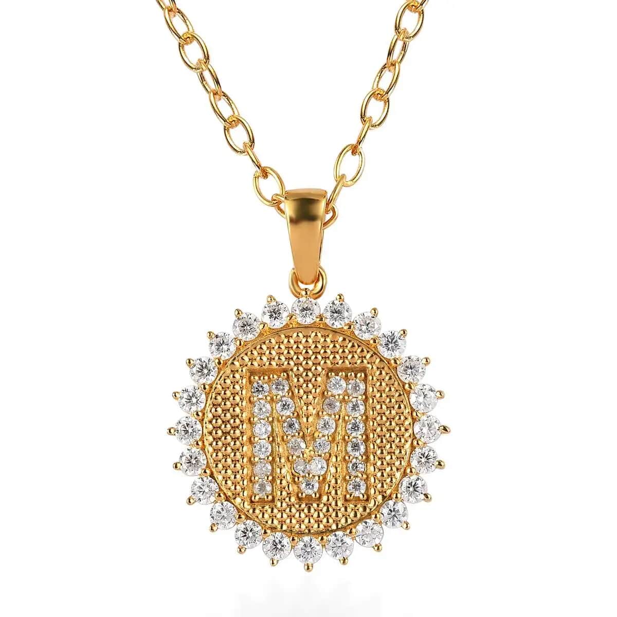 Moissanite Initial M Sun Medallion Coin Pendant with Cable Chain 20 Inches in Vermeil Yellow Gold Over Sterling Silver 1.35 ctw image number 0