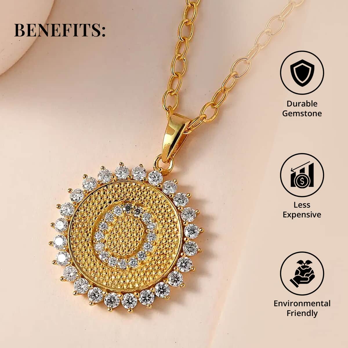 Moissanite Initial O Sun Medallion Coin Pendant with Cable Chain 20 Inches in Vermeil Yellow Gold Over Sterling Silver 1.00 ctw image number 3