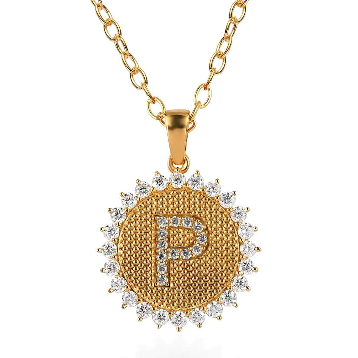 Moissanite Initial P Sun Medallion Coin Pendant with Cable Chain 20 Inches in Vermeil Yellow Gold Over Sterling Silver 0.90 ctw image number 0