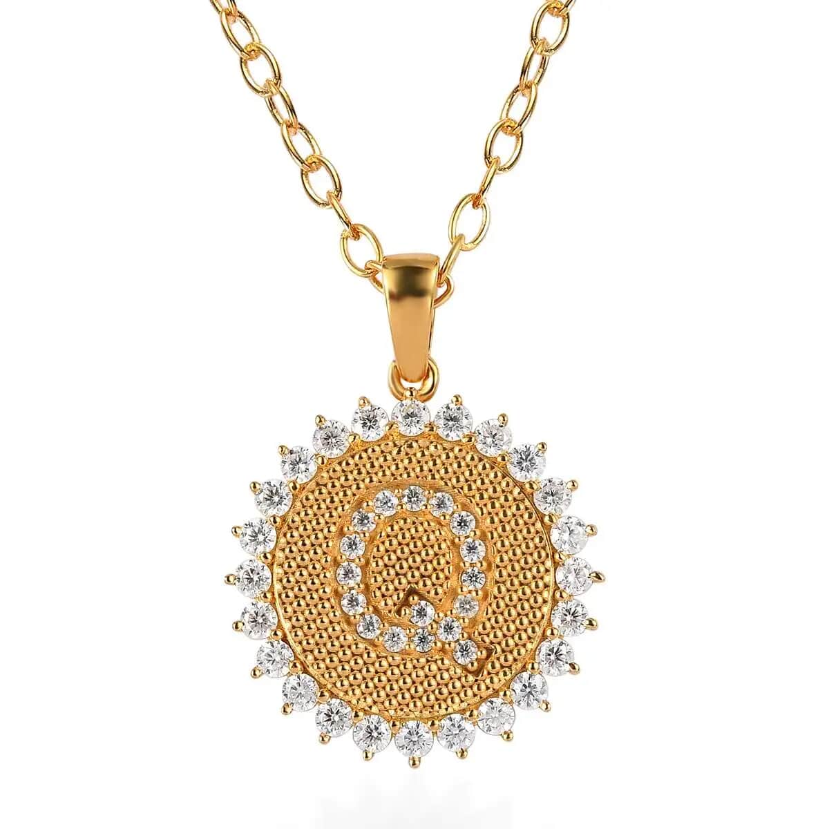 Moissanite Initial Q Sun Medallion Coin Pendant with Cable Chain 20 Inches in Vermeil Yellow Gold Over Sterling Silver 1.35 ctw image number 0