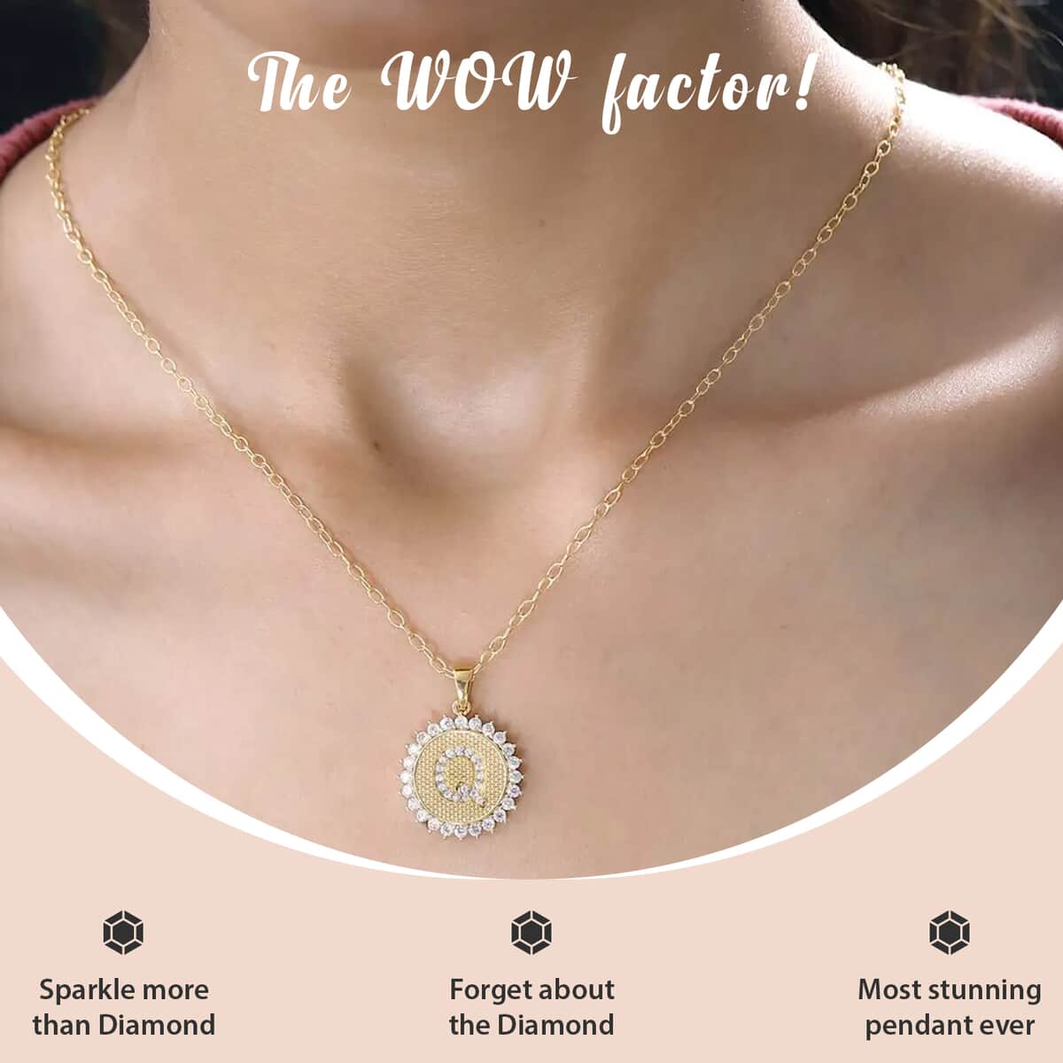 Moissanite Initial Q Sun Medallion Coin Pendant with Cable Chain 20 Inches in Vermeil Yellow Gold Over Sterling Silver 1.35 ctw image number 1