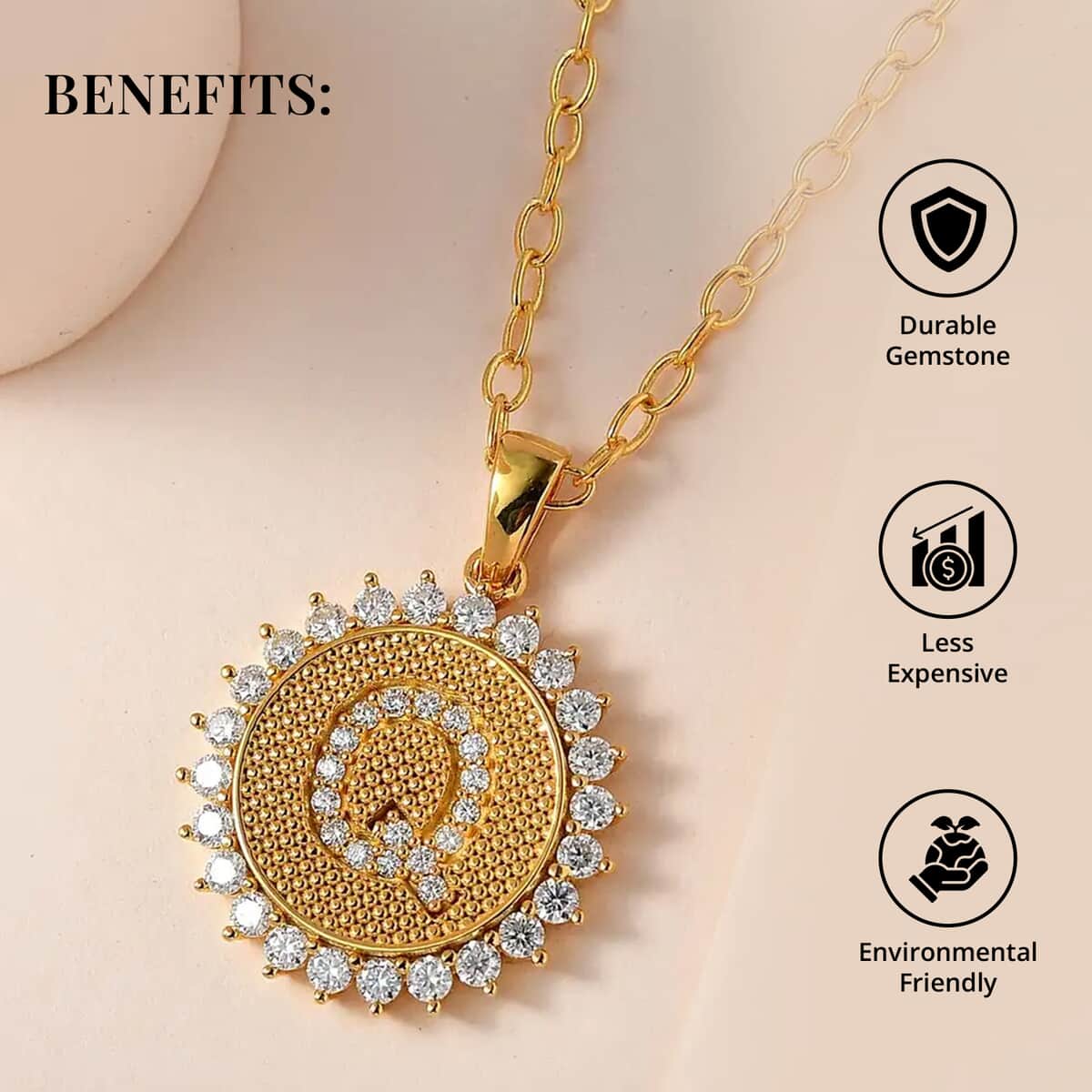 Moissanite Initial Q Sun Medallion Coin Pendant with Cable Chain 20 Inches in Vermeil Yellow Gold Over Sterling Silver 1.35 ctw image number 3