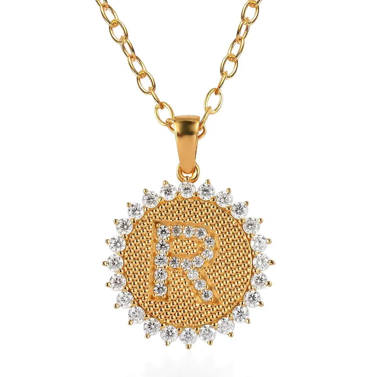 Moissanite Initial R Sun Medallion Coin Pendant with Cable Chain 20 Inches in Vermeil Yellow Gold Over Sterling Silver 1.00 ctw image number 0
