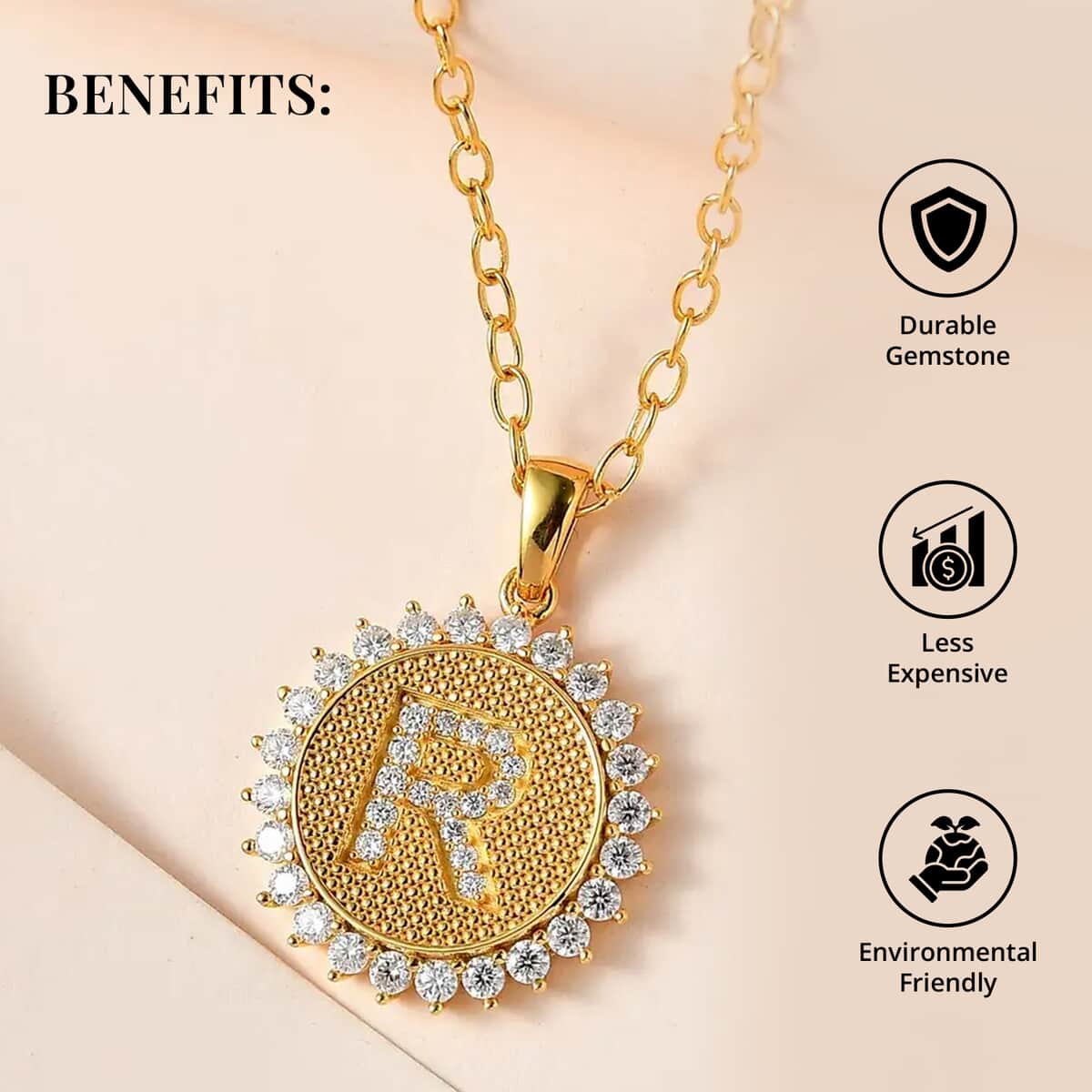 Moissanite Initial R Sun Medallion Coin Pendant with Cable Chain 20 Inches in Vermeil Yellow Gold Over Sterling Silver 1.00 ctw image number 3