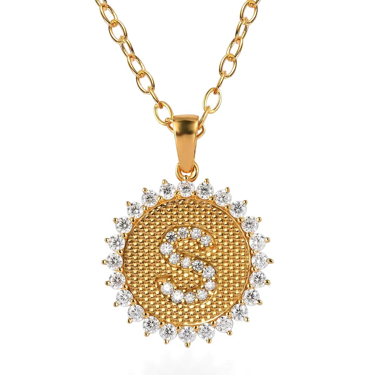 Moissanite Initial S Sun Medallion Coin Pendant Necklace 20 Inches in Vermeil Yellow Gold Over Sterling Silver 1.35 ctw image number 0