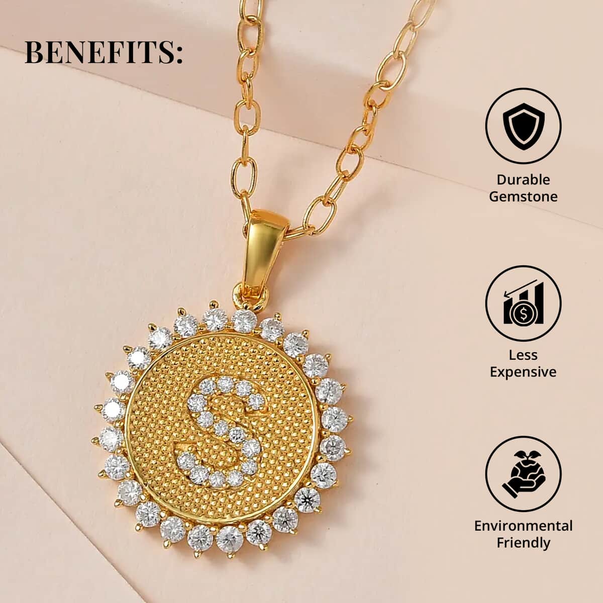 Moissanite Initial S Sun Medallion Coin Pendant Necklace 20 Inches in Vermeil Yellow Gold Over Sterling Silver 1.35 ctw image number 3