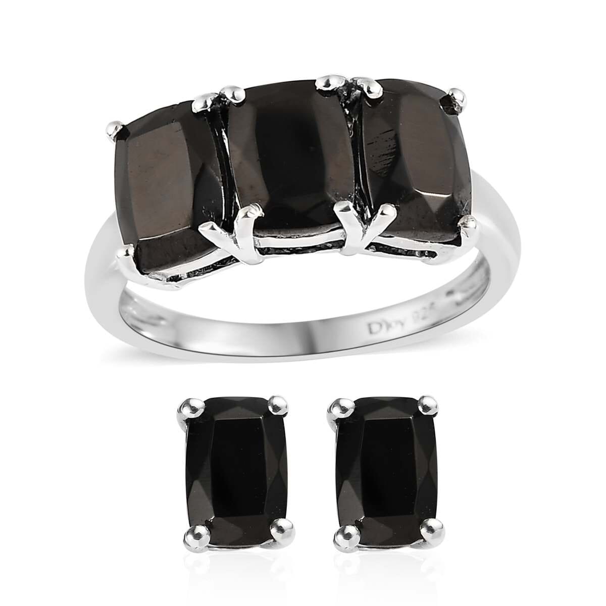 Elite Shungite Stud Earrings and 3 Stone Ring in Platinum Over Sterling Silver 2.40 ctw image number 0