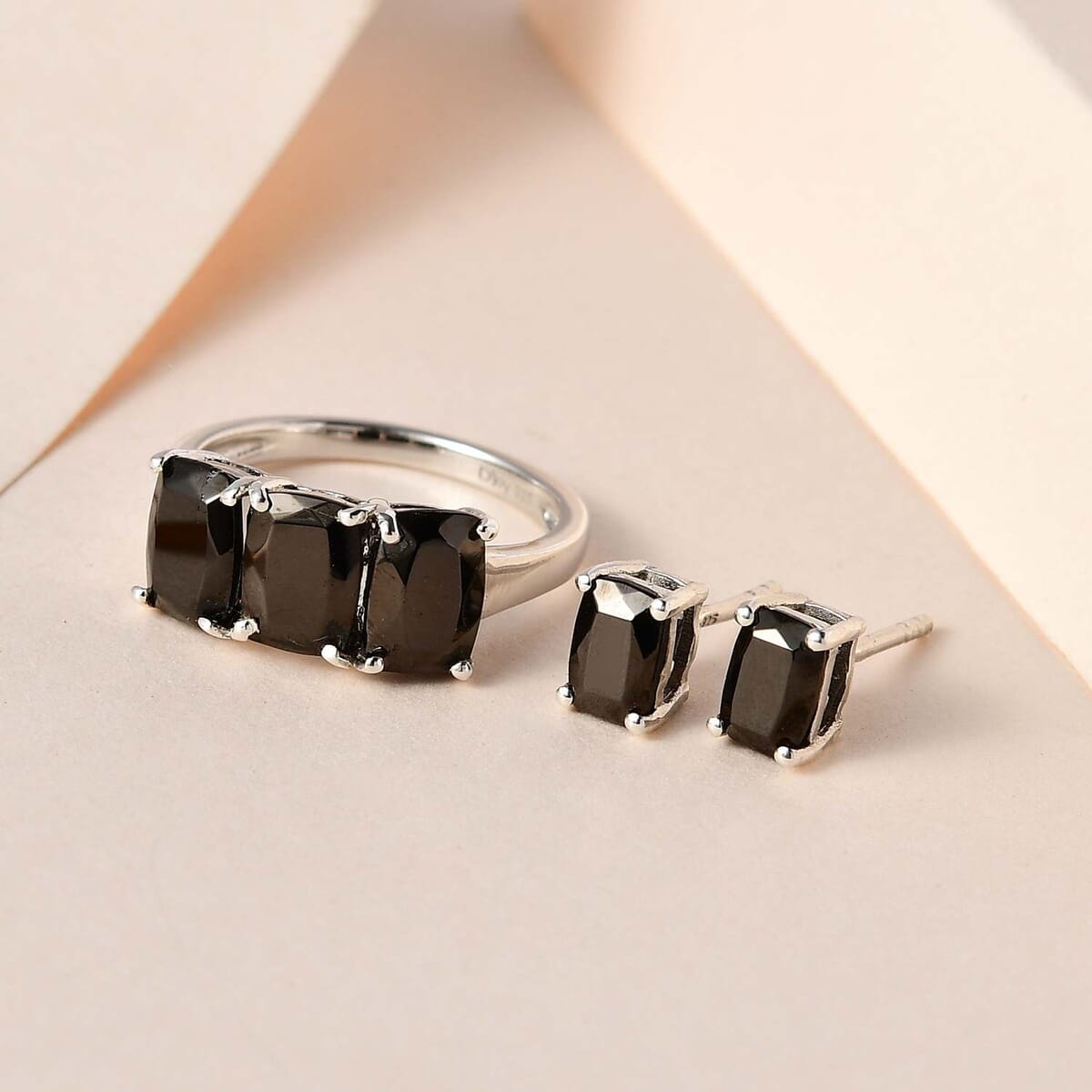 Elite Shungite Stud Earrings and 3 Stone Ring in Platinum Over Sterling Silver 2.40 ctw image number 1