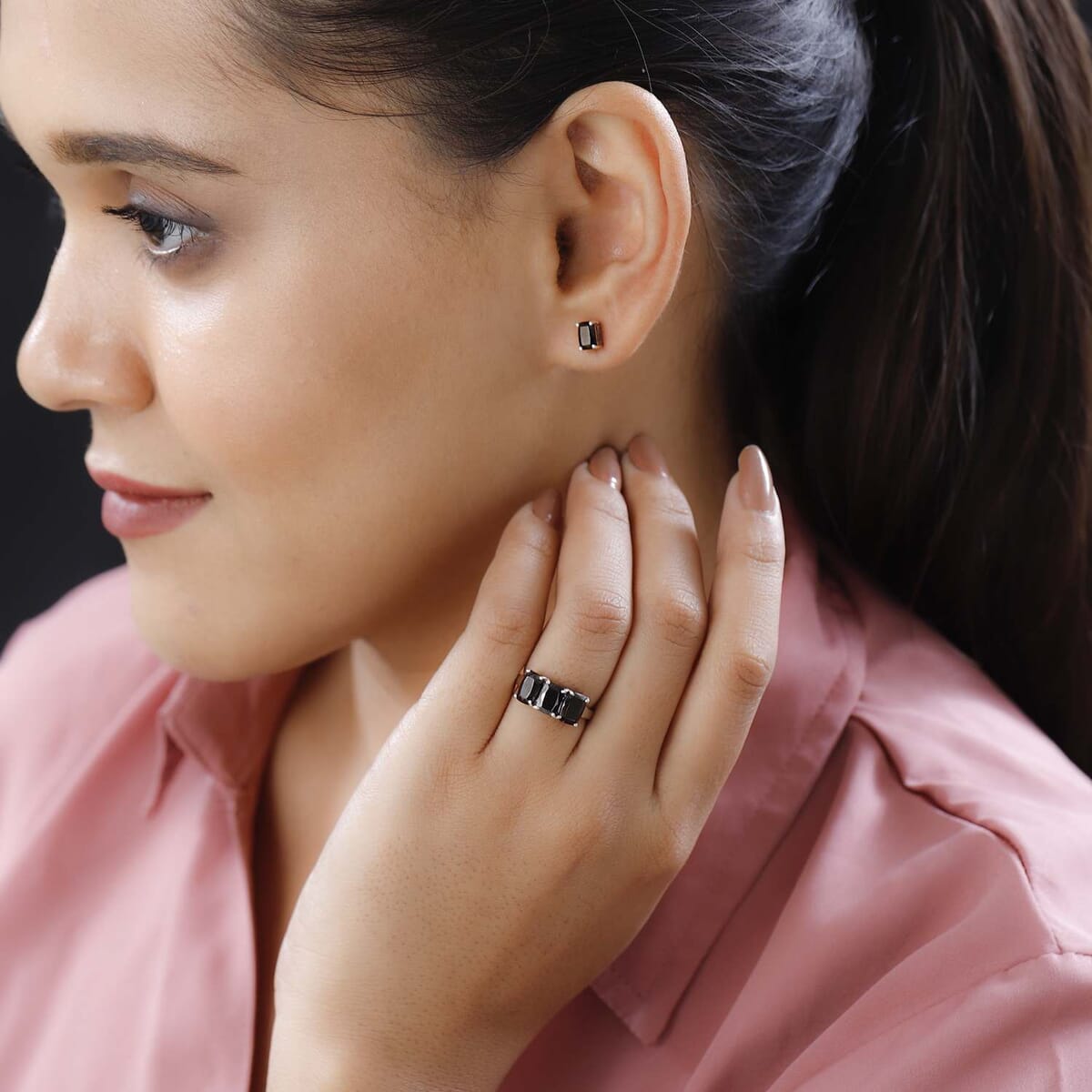 Elite Shungite Stud Earrings and 3 Stone Ring in Platinum Over Sterling Silver 2.40 ctw image number 2