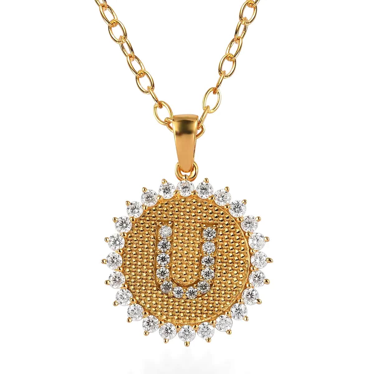 Moissanite Initial U Sun Medallion Coin Pendant Necklace 20 Inches in Vermeil Yellow Gold Over Sterling Silver 1.35 ctw image number 0