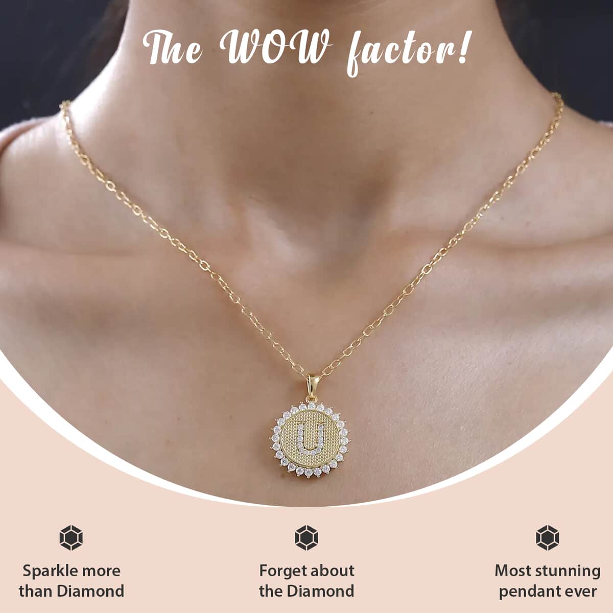 Moissanite Initial U Sun Medallion Coin Pendant Necklace 20 Inches in Vermeil Yellow Gold Over Sterling Silver 1.35 ctw image number 1