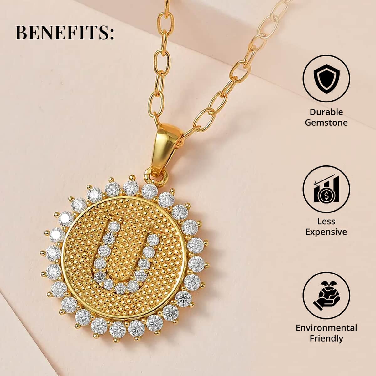 Moissanite Initial U Sun Medallion Coin Pendant Necklace 20 Inches in Vermeil Yellow Gold Over Sterling Silver 1.35 ctw image number 3