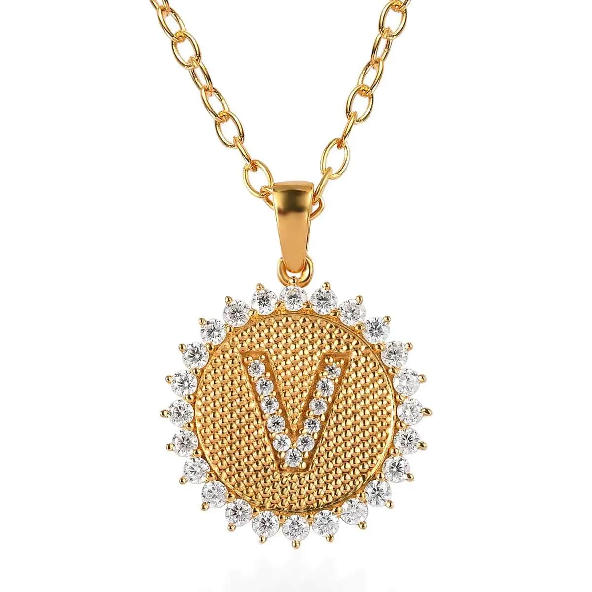 Moissanite Initial V Sun Medallion Coin Pendant with Cable Chain 20 Inches in Vermeil Yellow Gold Over Sterling Silver 0.90 ctw image number 0