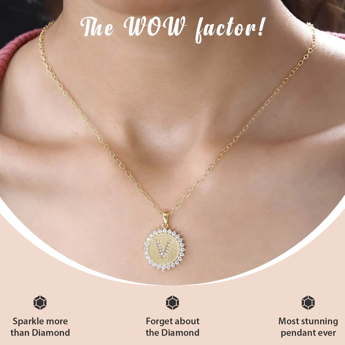 Moissanite Initial V Sun Medallion Coin Pendant with Cable Chain 20 Inches in Vermeil Yellow Gold Over Sterling Silver 0.90 ctw image number 1