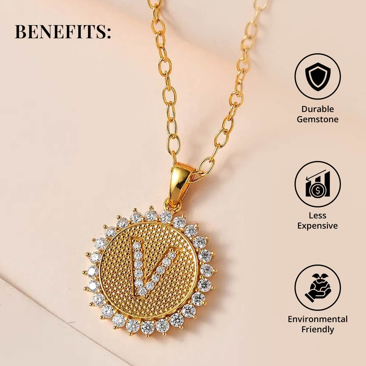 Moissanite Initial V Sun Medallion Coin Pendant with Cable Chain 20 Inches in Vermeil Yellow Gold Over Sterling Silver 0.90 ctw image number 3