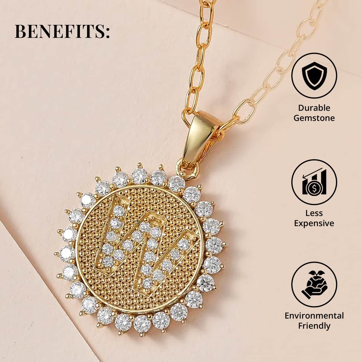 Moissanite Initial W Sun Medallion Coin Pendant Necklace 20 Inches in Vermeil Yellow Gold Over Sterling Silver 1.35 ctw image number 3