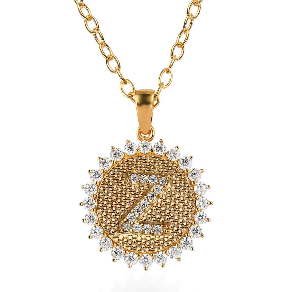 Moissanite Initial Z Sun Medallion Coin Pendant Necklace 20 Inches in Vermeil Yellow Gold Over Sterling Silver 1.35 ctw image number 0