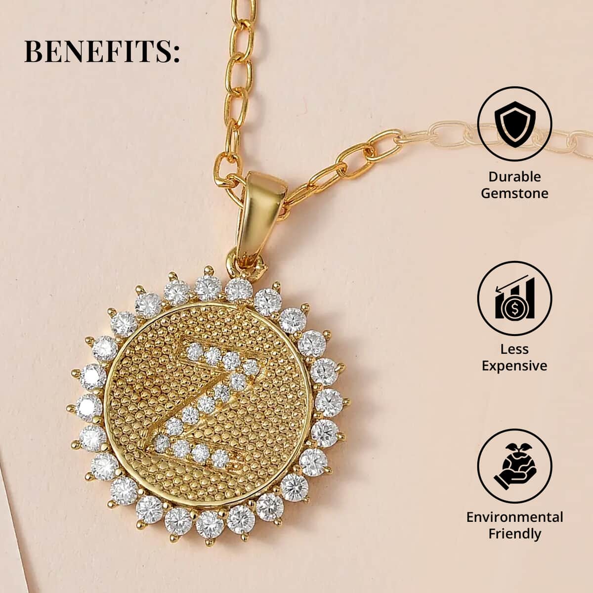 Moissanite Initial Z Sun Medallion Coin Pendant Necklace 20 Inches in Vermeil Yellow Gold Over Sterling Silver 1.35 ctw image number 3