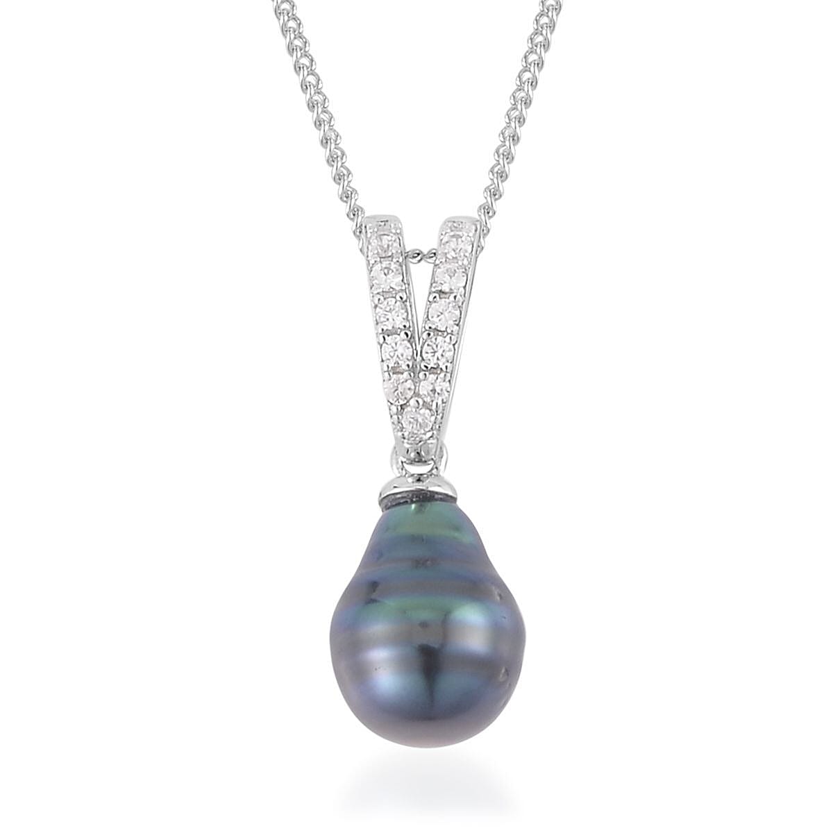 Tahitian Cultured Pearl and White Zircon Drop Hoop Earrings, Ring Size 6, Pendant Necklace 18 Inches in Rhodium Over Sterling Silver 0.75 ctw