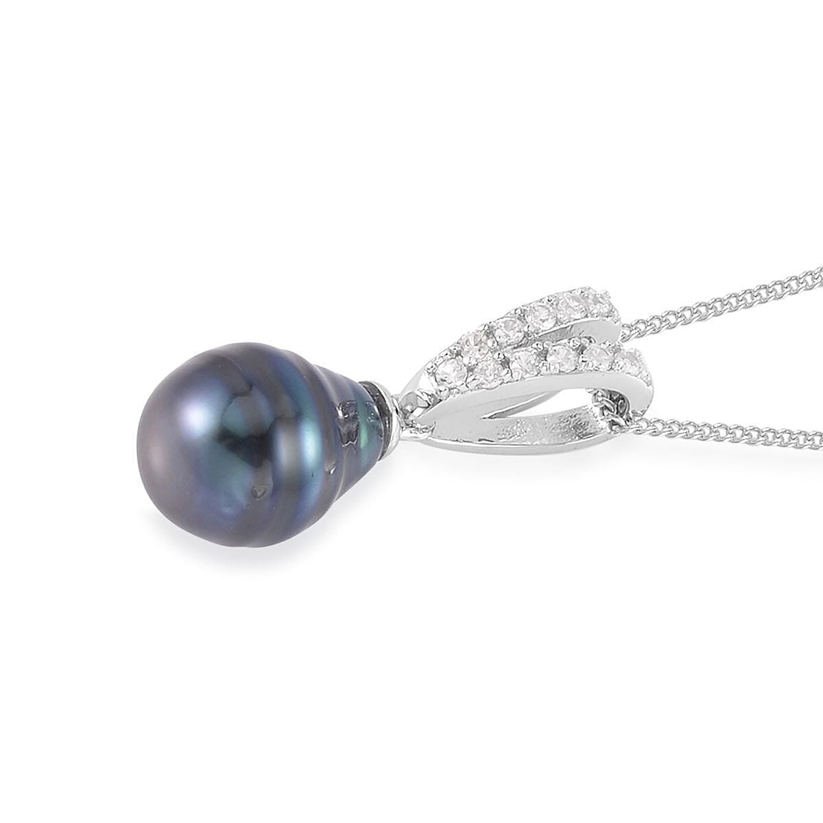 Tahitian Cultured Pearl and White Zircon Drop Hoop Earrings, Ring Size 6, Pendant Necklace 18 Inches in Rhodium Over Sterling Silver 0.75 ctw image number 5