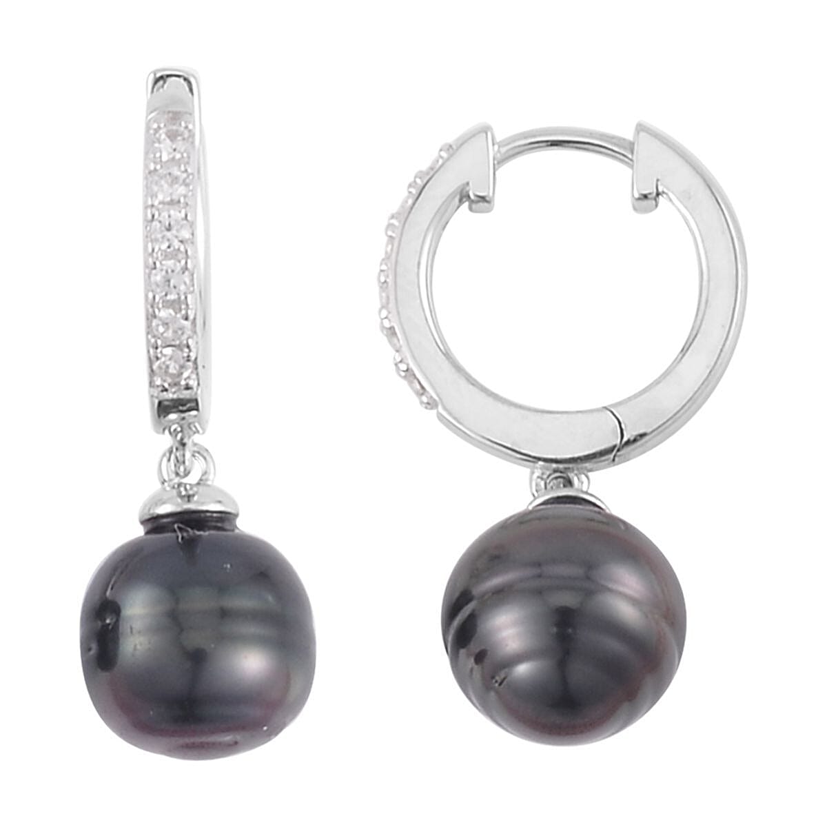 Tahitian Cultured Pearl and White Zircon Drop Hoop Earrings, Ring Size 6, Pendant Necklace 18 Inches in Rhodium Over Sterling Silver 0.75 ctw