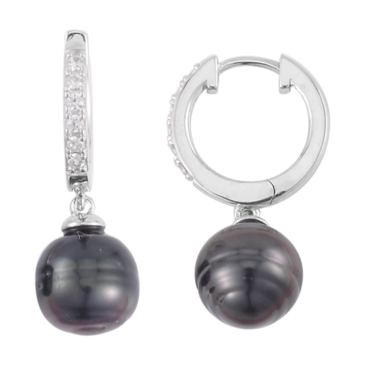 Tahitian Cultured Pearl and White Zircon Drop Hoop Earrings, Ring Size 8, Pendant Necklace 18 Inches in Rhodium Over Sterling Silver 0.75 ctw image number 6