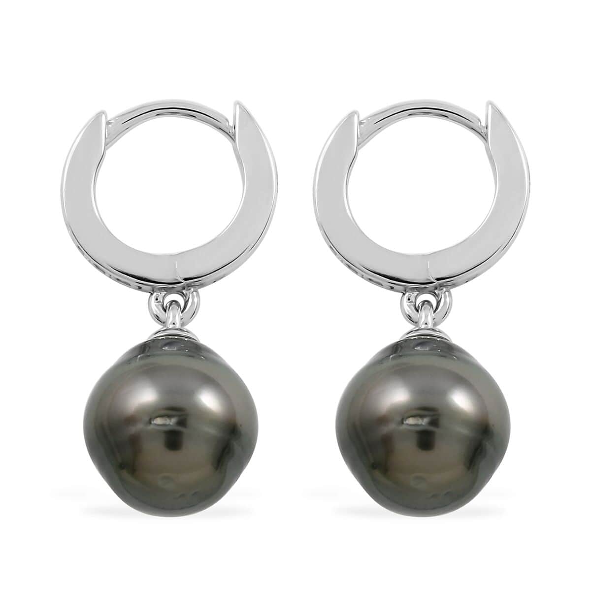 Tahitian Cultured Pearl and White Zircon Drop Hoop Earrings, Ring Size 8, Pendant Necklace 18 Inches in Rhodium Over Sterling Silver 0.75 ctw image number 7