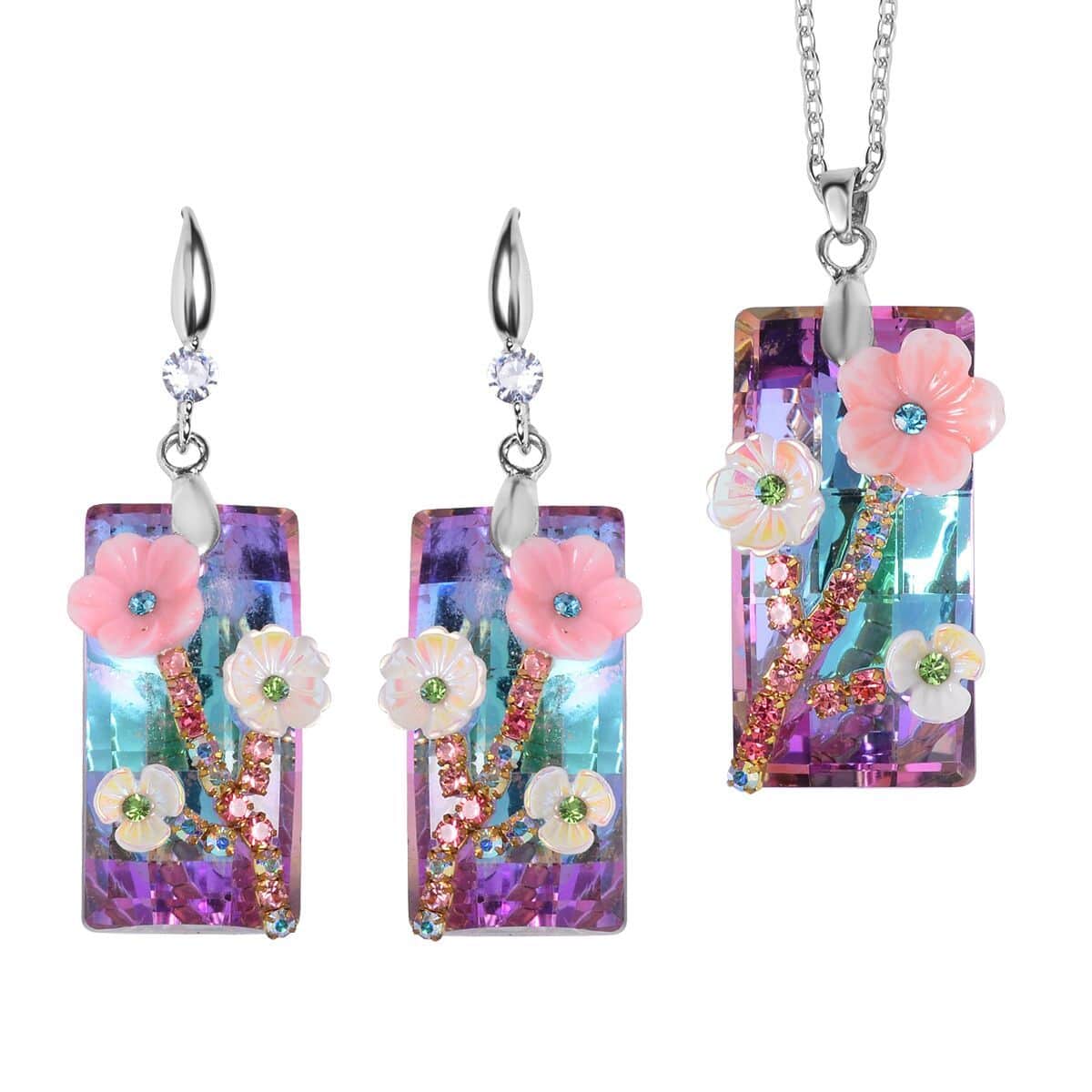 Purple Magic Color Glass, Resin, Multi Color Austrian Crystal Necklace 20-22 Inches and Earrings in Silvertone image number 0