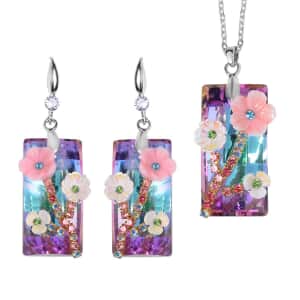 Purple Magic Color Glass, Resin, Multi Color Austrian Crystal Necklace 20-22 Inches and Earrings in Silvertone