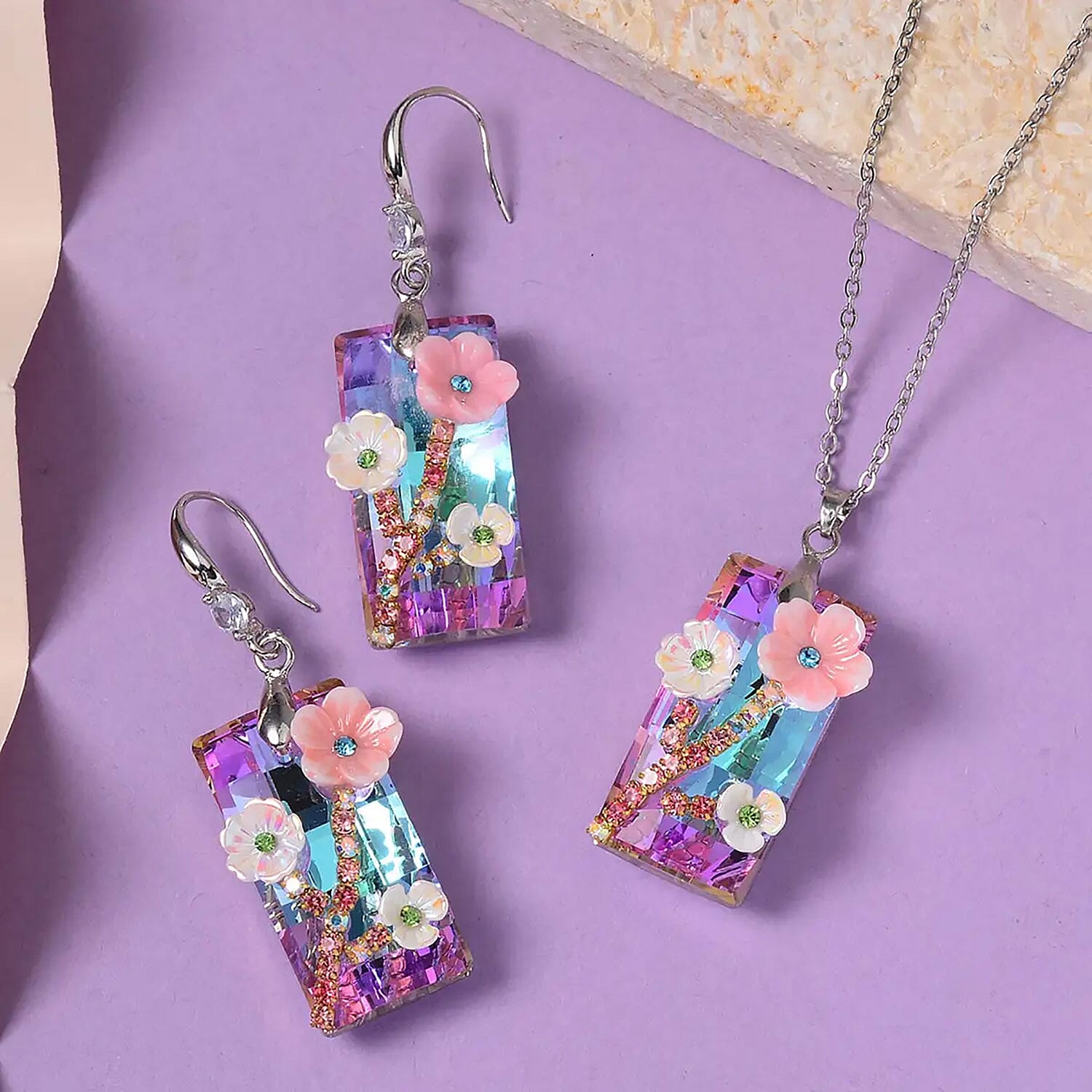Purple Magic Color Glass, Resin, Multi Color Austrian Crystal Necklace and Earrings in Silvertone 20-22 Inches