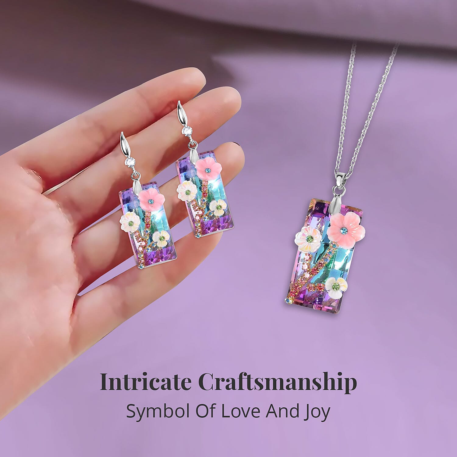 Purple Magic Color Glass, Resin, Multi Color Austrian Crystal Necklace and Earrings in Silvertone 20-22 Inches