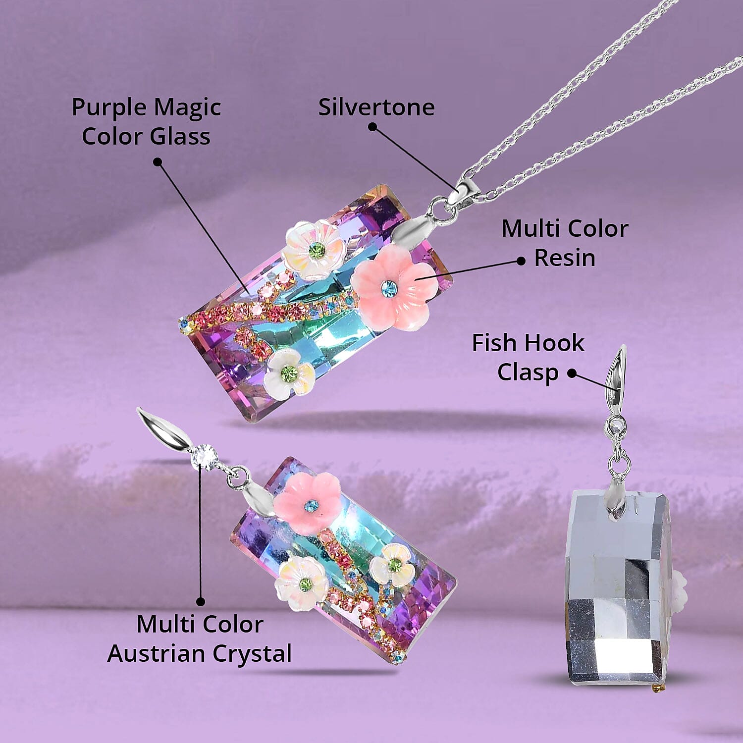 Purple Magic Color Glass, Resin, Multi Color Austrian Crystal Necklace and Earrings in Silvertone 20-22 Inches