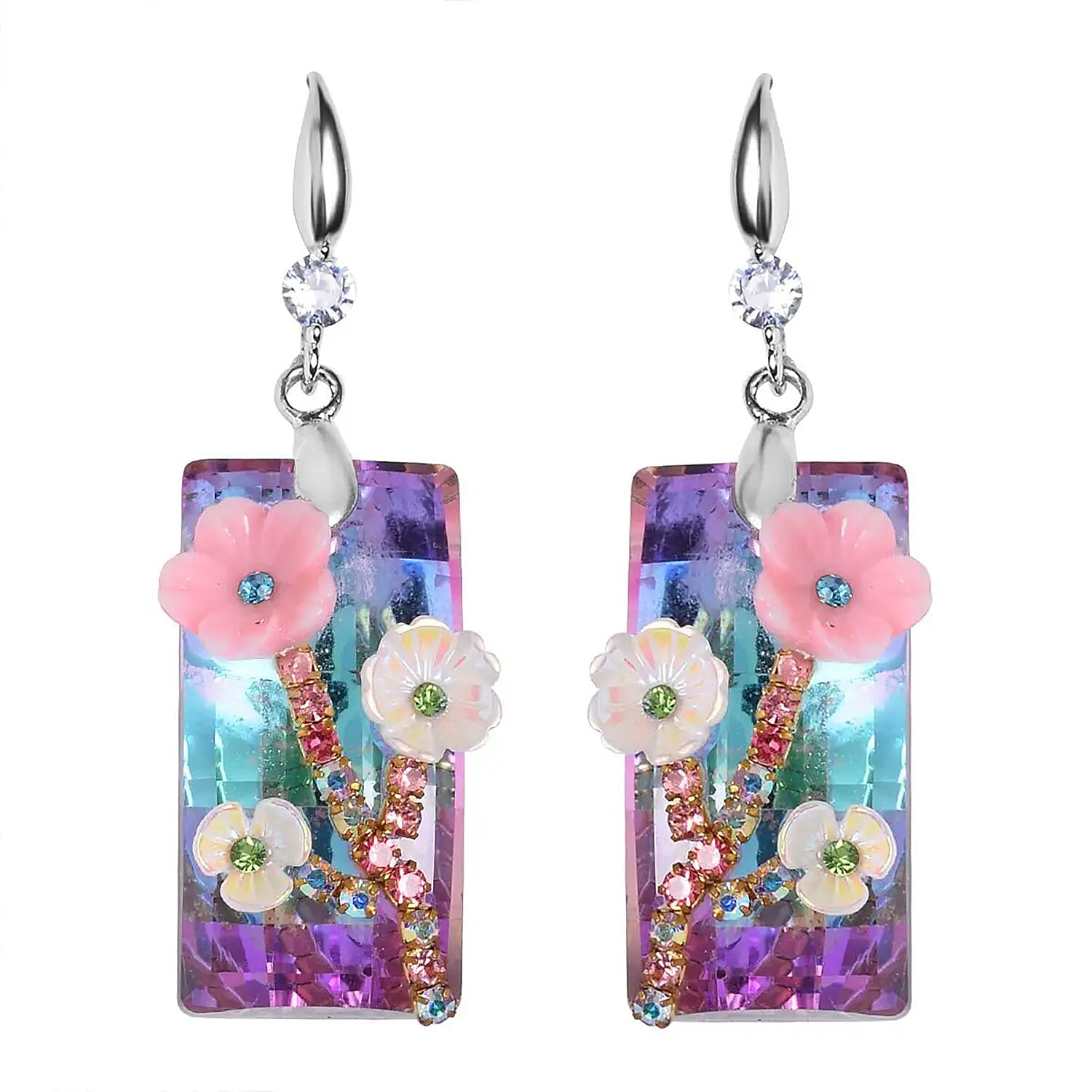 Purple Magic Color Glass, Resin, Multi Color Austrian Crystal Necklace and Earrings in Silvertone 20-22 Inches