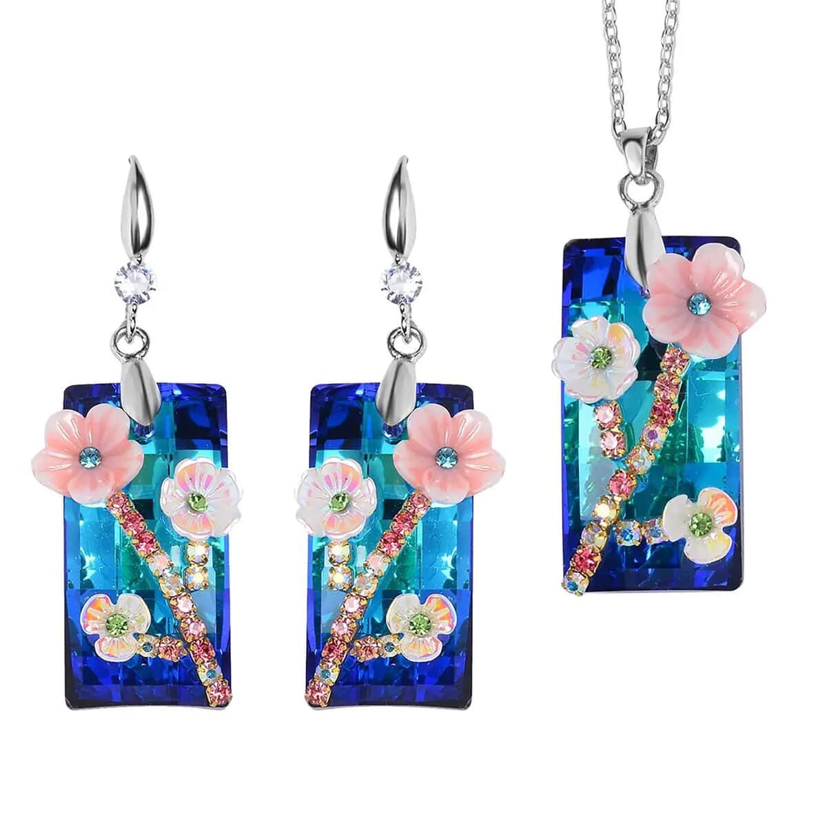 Blue Magic Color Glass, Resin, Multi Color Austrian Crystal Necklace and Earrings in Silvertone 20-22 Inches image number 0