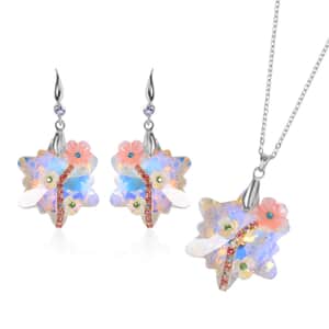 White Aurora Borealis Glass, Multi Color Crystal and Resin Floral Earrings and Pendant Necklace 20 Inches in Silvertone