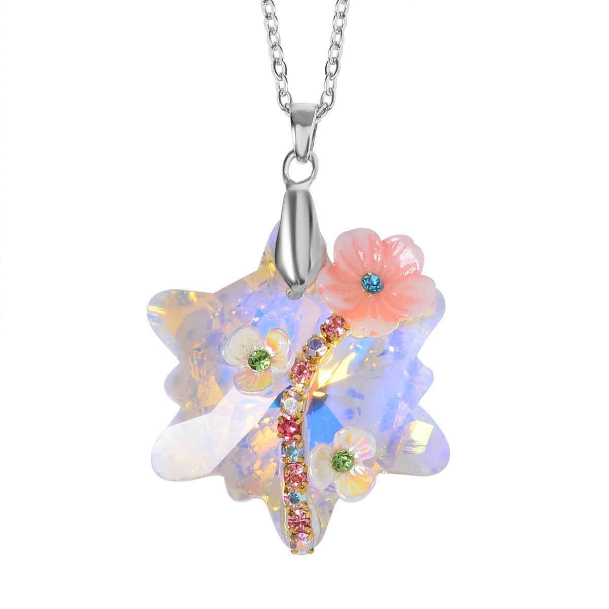 White Aurora Borealis Glass, Multi Color Crystal and Resin Floral Earrings and Pendant Necklace 20 Inches in Silvertone image number 2