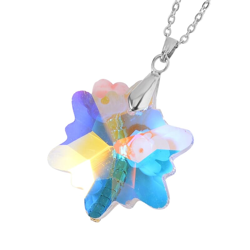 White Aurora Borealis Glass, Multi Color Crystal and Resin Floral Earrings and Pendant Necklace 20 Inches in Silvertone