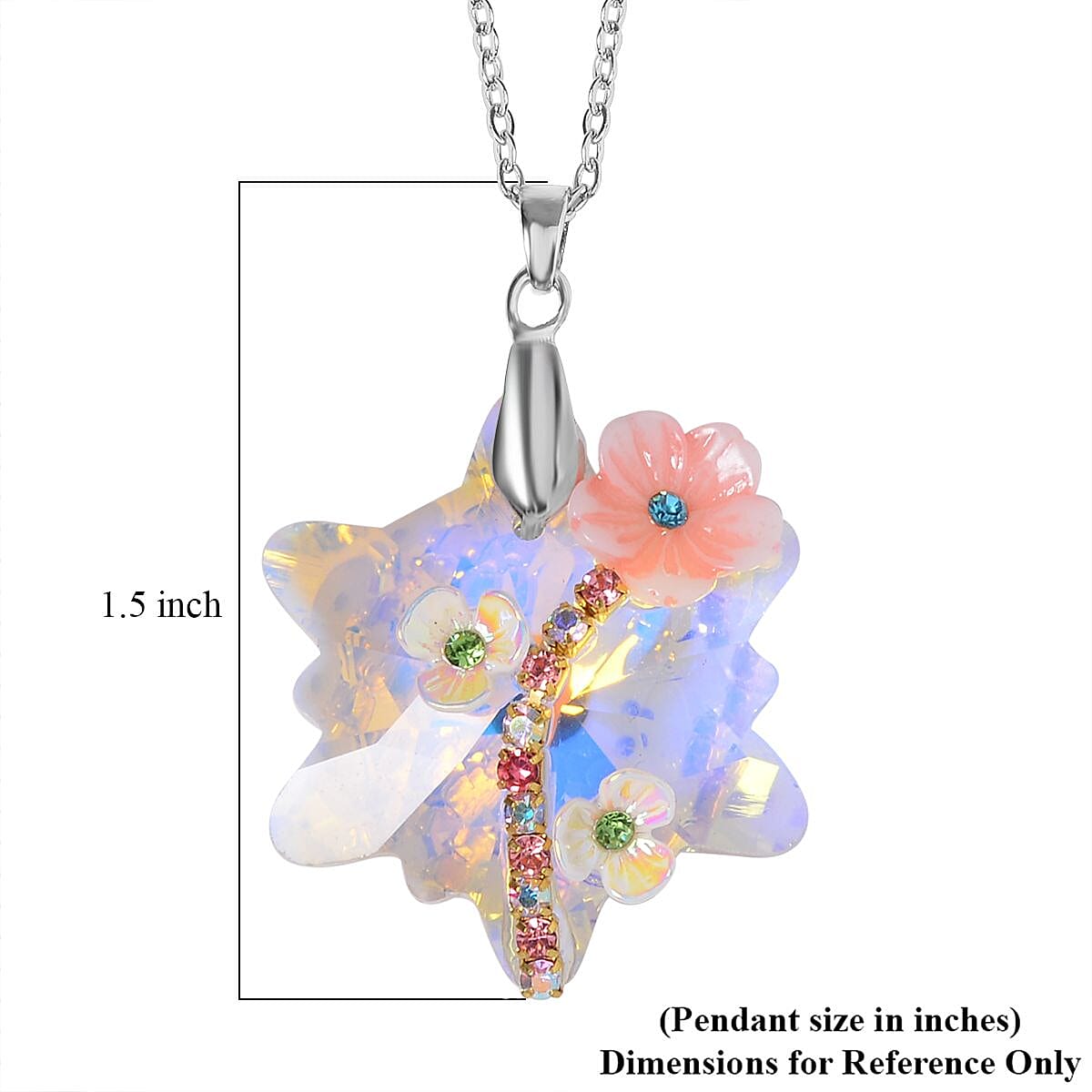 White Aurora Borealis Glass, Multi Color Crystal and Resin Floral Earrings and Pendant Necklace 20 Inches in Silvertone