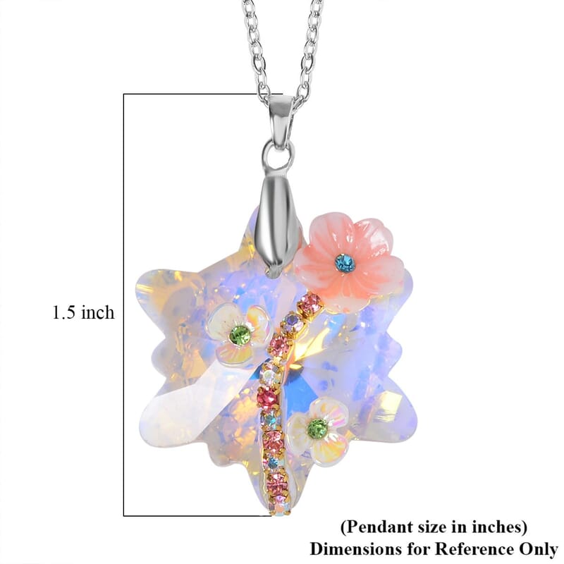 White Aurora Borealis Glass, Multi Color Crystal and Resin Floral Earrings and Pendant Necklace 20 Inches in Silvertone