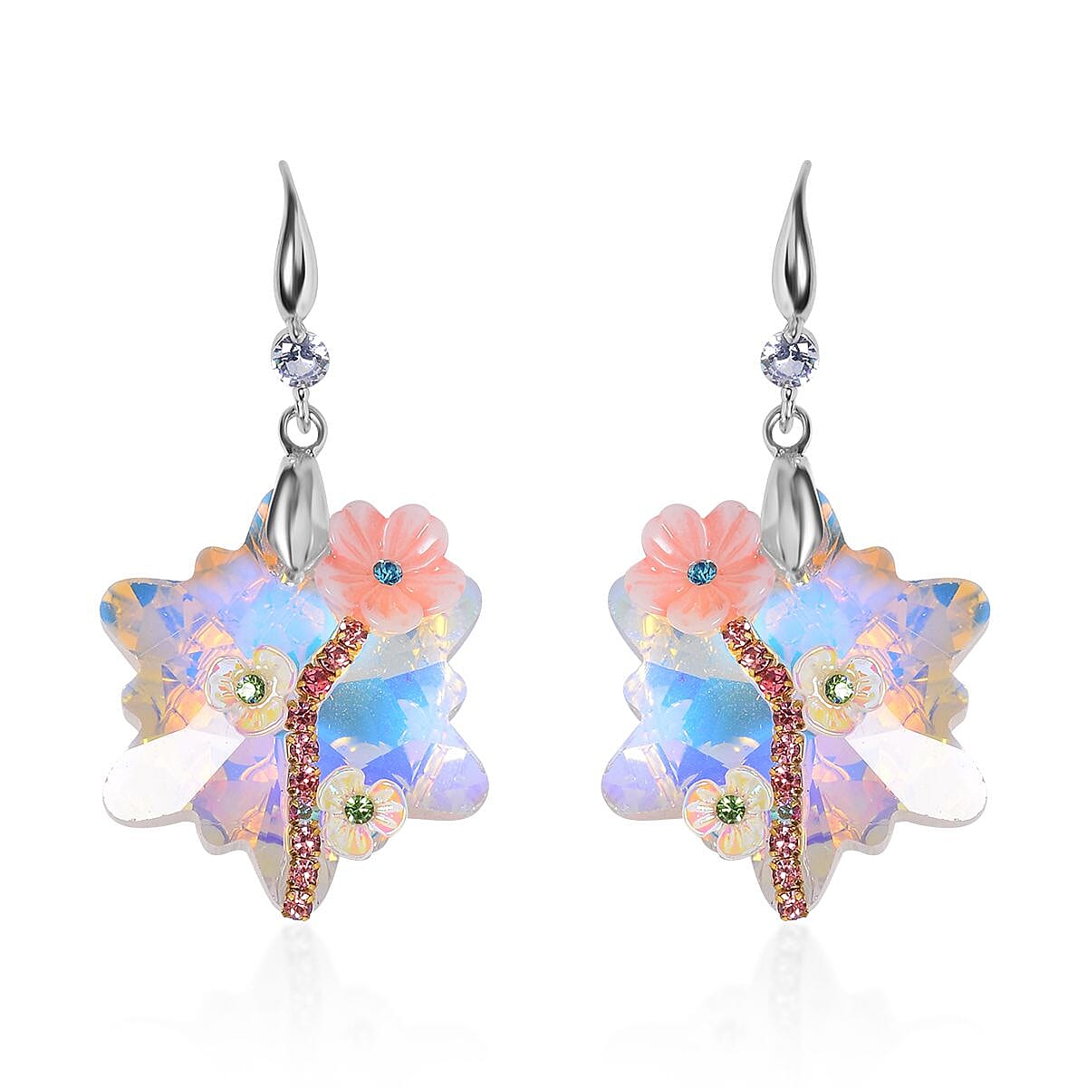 White Aurora Borealis Glass, Multi Color Crystal and Resin Floral Earrings and Pendant Necklace 20 Inches in Silvertone