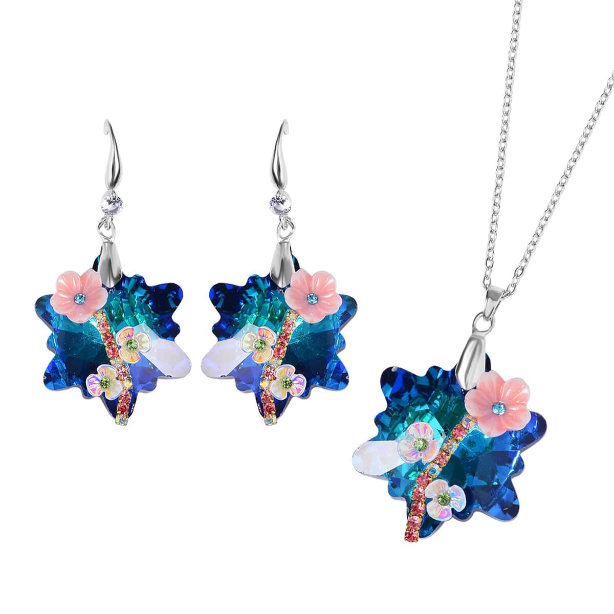 Blue Magic Color Glass, Multi Color Crystal and Resin Floral Earrings and Pendant Necklace 20 Inches in Silvertone image number 0