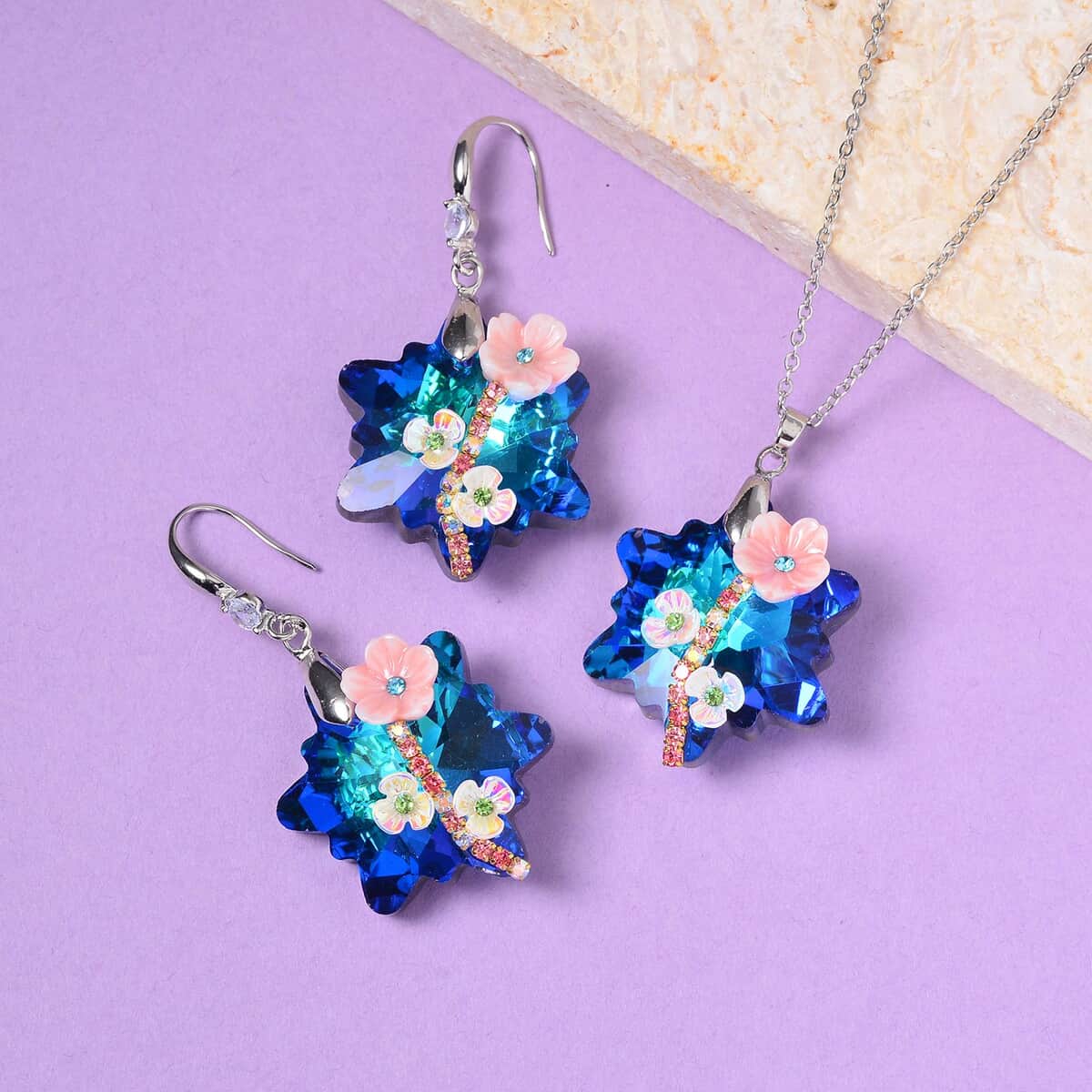 Blue Magic Color Glass, Multi Color Crystal and Resin Floral Earrings and Pendant Necklace 20 Inches in Silvertone image number 1