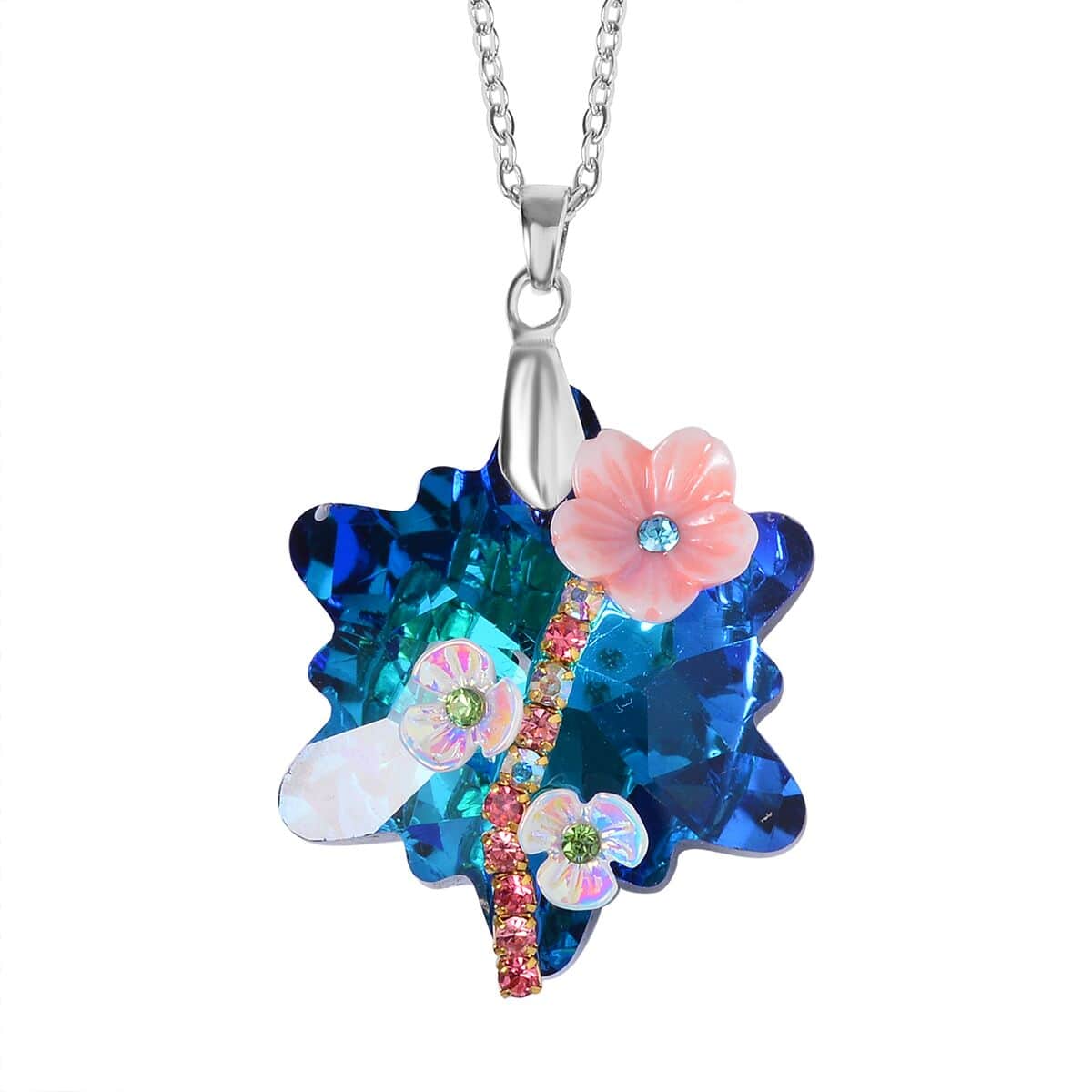 Blue Magic Color Glass, Multi Color Crystal and Resin Floral Earrings and Pendant Necklace 20 Inches in Silvertone image number 2